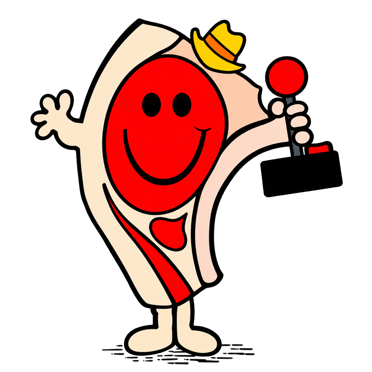 Smiling MrPorkChop mascot in a cowboy hat holding a red game joystick