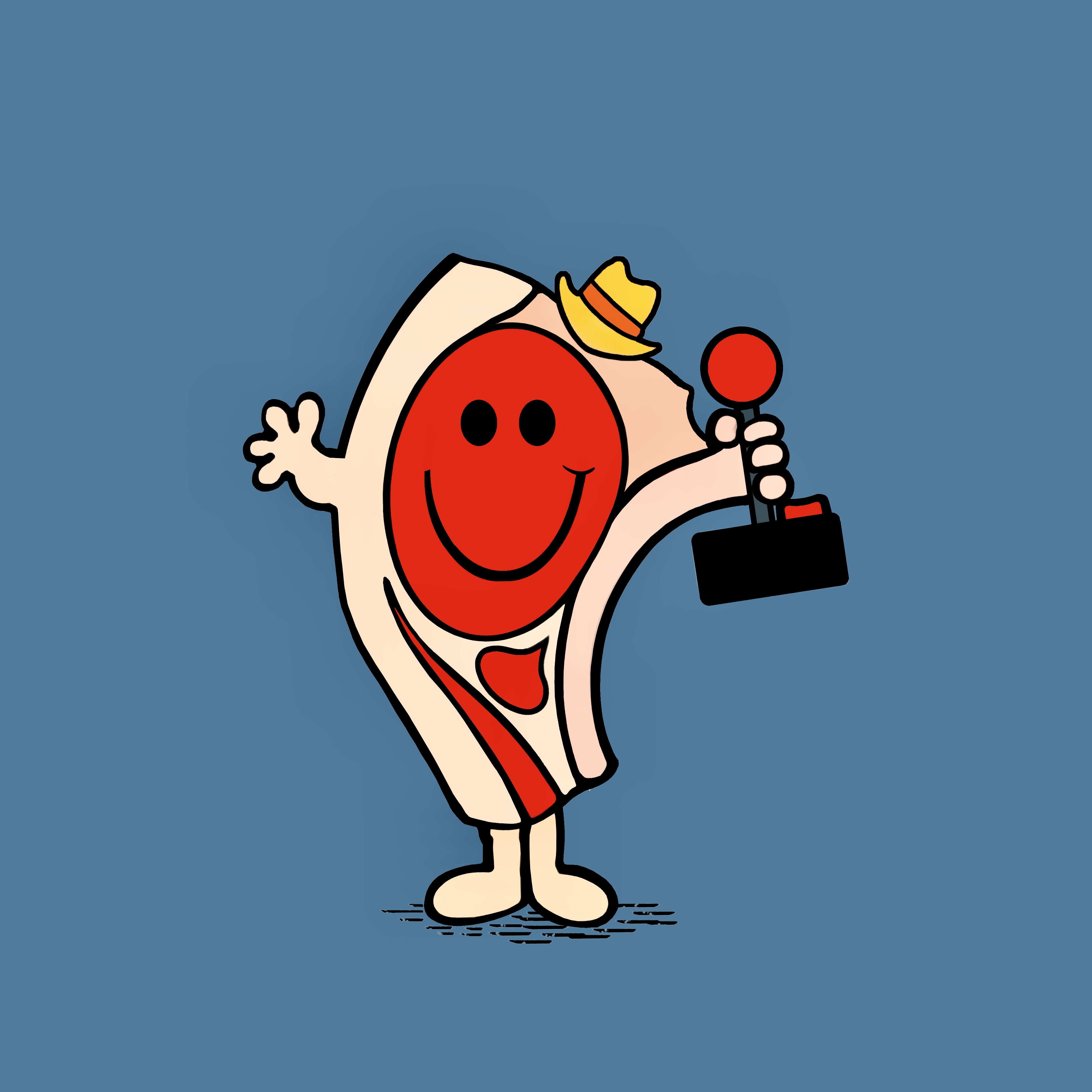 MrPorkChop mascot in a cowboy hat holding a red microphone